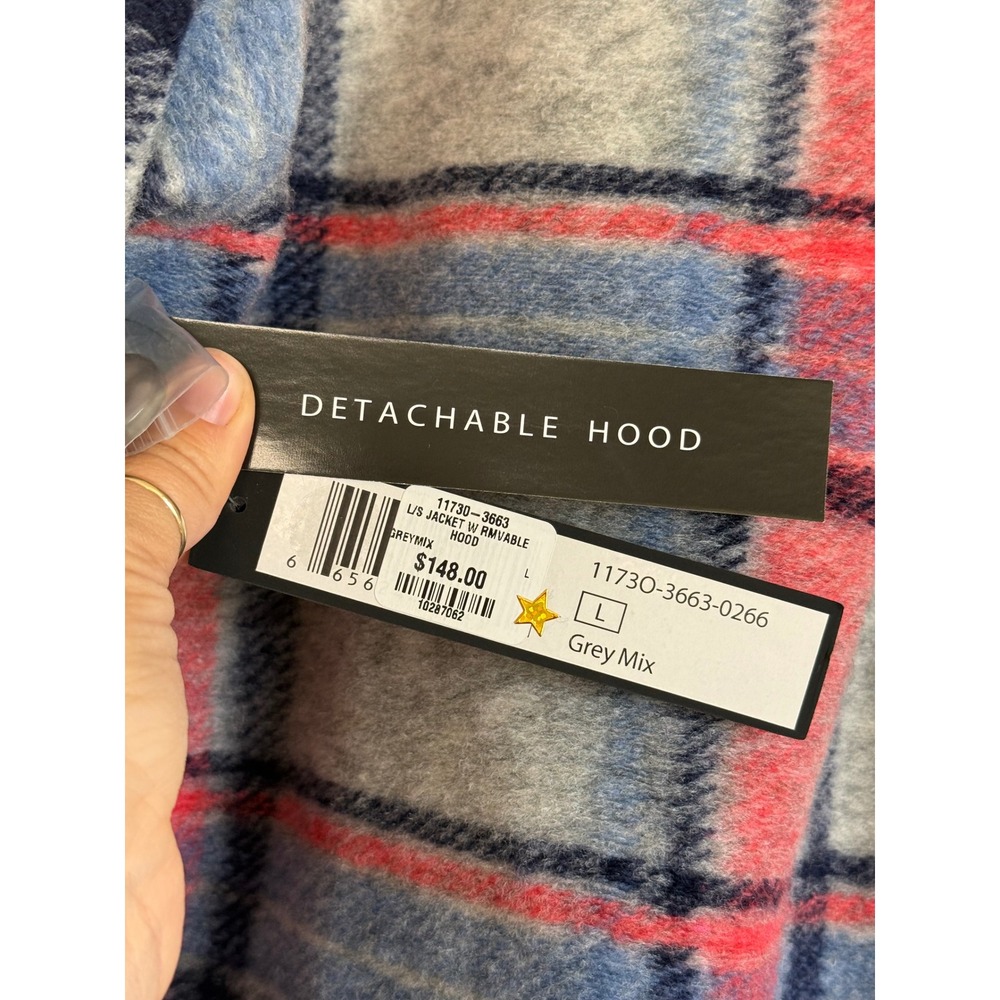 Tribal Plaid Hooded Shacket Jacket Grey Mix Detachable Hood L NWT - Picture 5 of 5